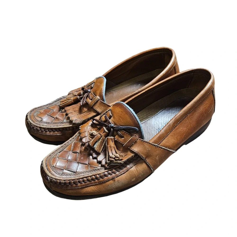 Johnston & Murphy Loafers Mens Brown Leather Tasseled Basket Weave Size 10 M‎